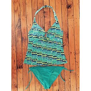 Islander/OP Tankini Bikini Blue and Green Swimming Bathing‎ Suit Sz 6 Halter Top
